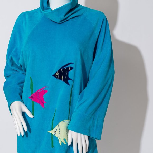 Vintage Velour Turquoise Fish Sweater - Picture 4 of 12